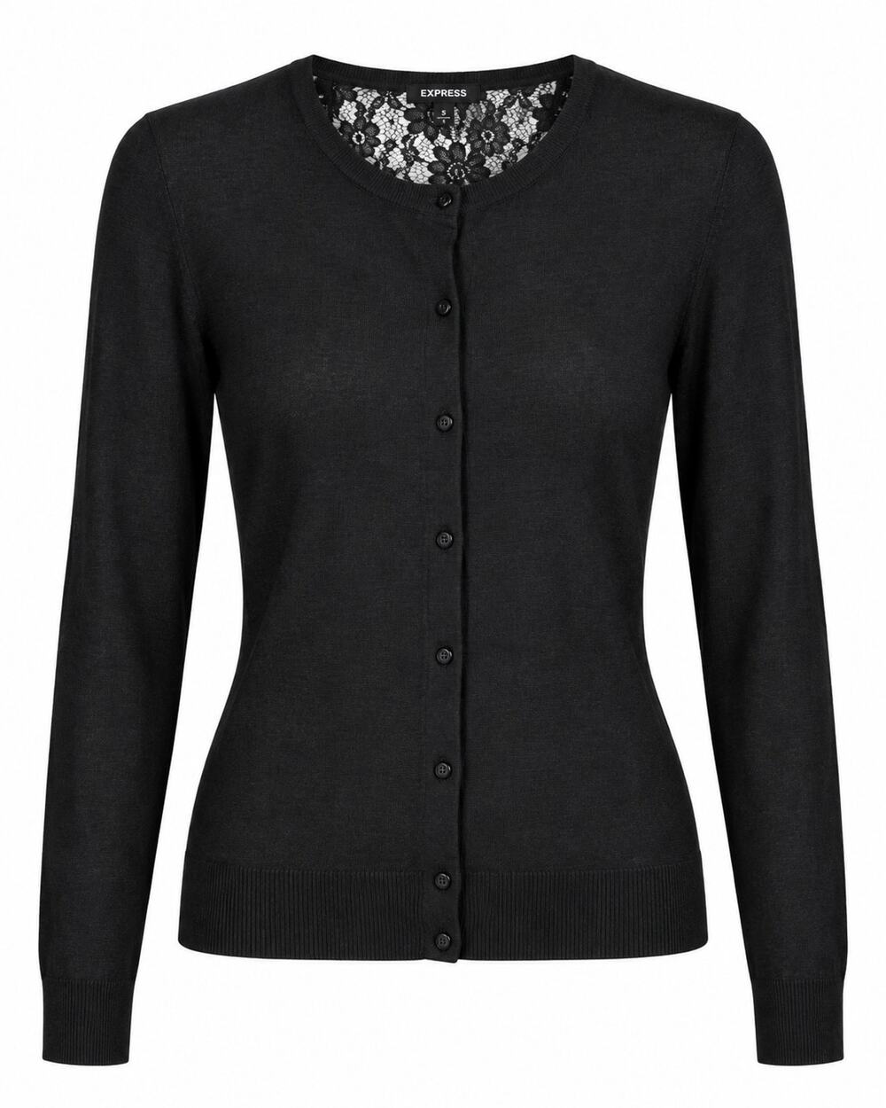 Express Black Lace Back Cardigan Sweater Button Front Fitted Womens S Rayon